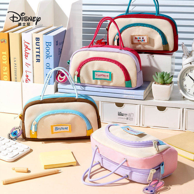 迪士尼撞色拼接笔袋可爱卡通学生文具袋高颜值小众铅笔收纳袋儿童男孩