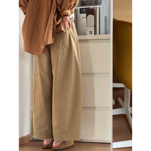 日系水洗棉九分阔腿裤女小个子穿搭夏季慵懒风卡其色休闲工装裤子