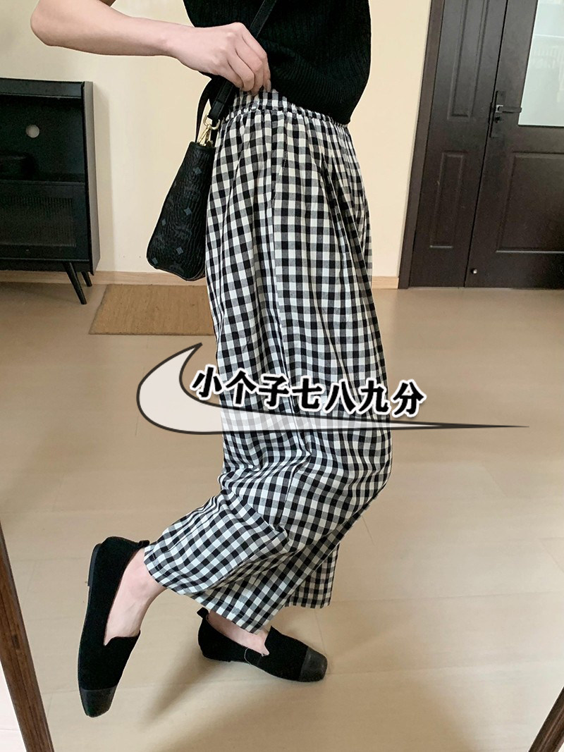 小个子145xxs七分哈伦格子裤女夏季新款八分阔腿高腰休闲萝卜裤子