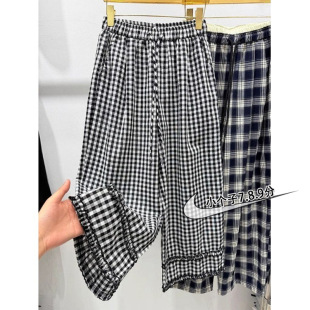 松紧腰直筒阔腿裤 小个子七分韩版 薄款 女夏季 xxs8 木耳边格子休闲裤