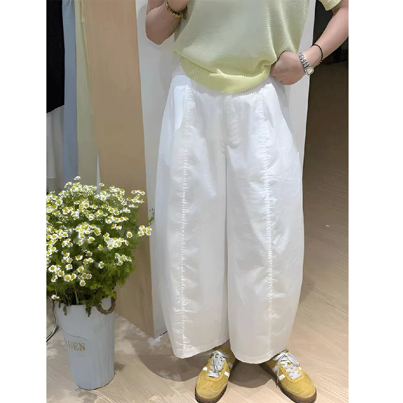 白色休闲裤女夏季小个子七分裤日系水洗棉宽松百搭九分阔腿裤薄款