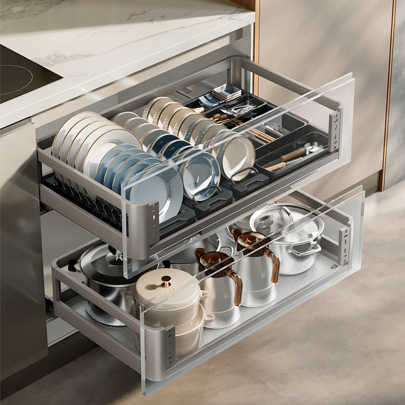 万和厨房太空铝合金拉篮双层抽屉式橱柜内置碗架滑轨收纳调料碗篮