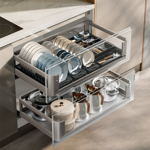 万和厨房太空铝合金拉篮双层抽屉式橱柜内置碗架滑轨收纳调料碗篮