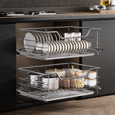 万和拉篮厨房橱柜304不锈钢双层抽屉式碗柜碗碟收纳碟架内置碗篮
