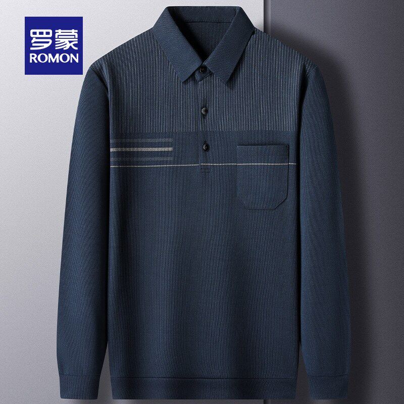 罗蒙男士休闲条纹口袋款长袖POLO衫2026春季新款中老年爸爸装