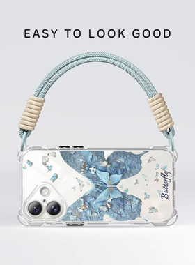 适用iPhone15Pro手机蓝色蝴蝶苹果6promax新款15plus斜挎14promax创意简约13pro防摔12PM硅胶透明软壳11女款