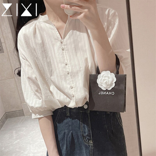 法式泡泡袖白衬衫女款2026年夏季新款立领通勤显瘦宽松中袖小上衣
