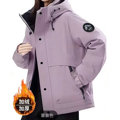 冬季新款加绒加厚连帽冲锋衣女