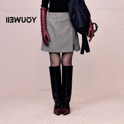 有尾人字纹羊毛A摆烫钻半裙