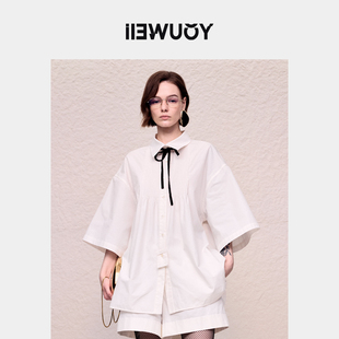 中袖 YOUWEI有尾秋季 女法式 塔克领缎带衬衫 Y1424301 圆肩袖