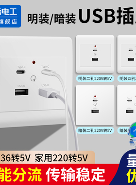 国际电工86型usb插座面板快充220V伏转5V低压宿舍工地36v充电明装