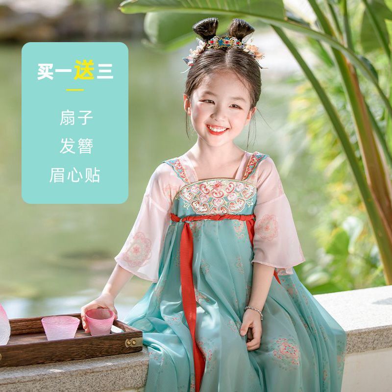 汉服女童2025新款夏季薄款儿童古风超仙刺绣短袖襦裙宝宝古装唐装