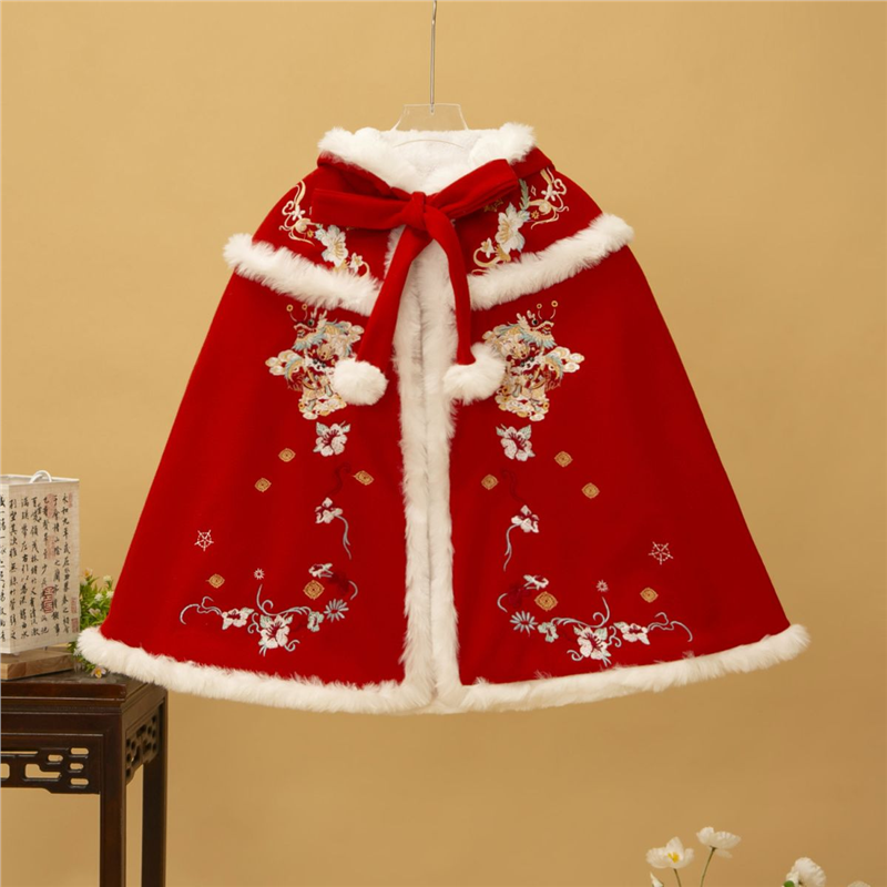 汉服女童冬季秋冬加绒儿童刺绣披风斗篷加厚中国唐装古装披肩拜年
