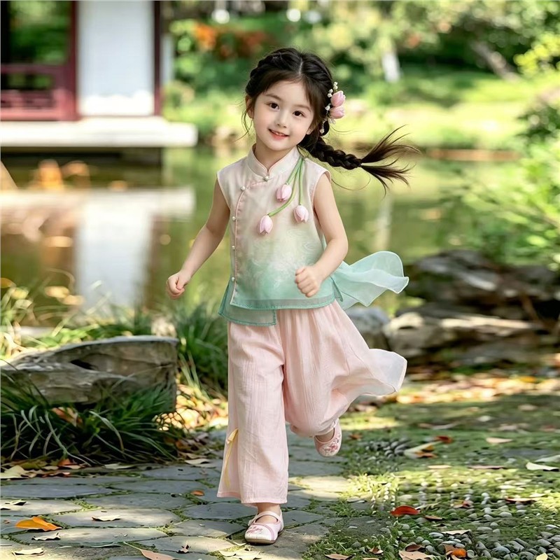 新品女小童国风气质日常古风汉服郁金香无袖清新套装2026唐装