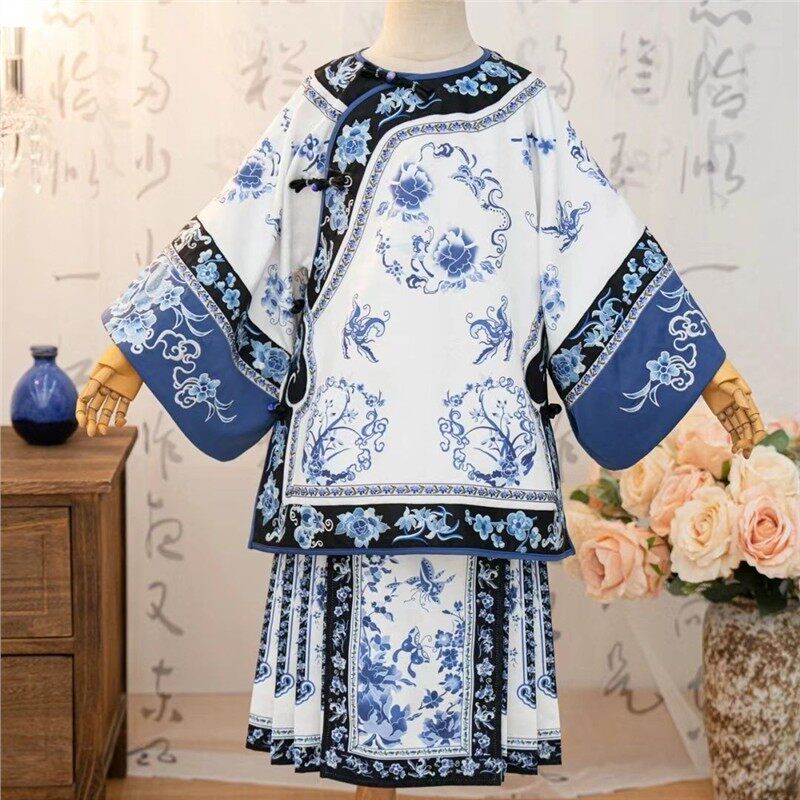 2024清汉格格服女童复原对襟圆领青花瓷格格服国风印花马面套装女
