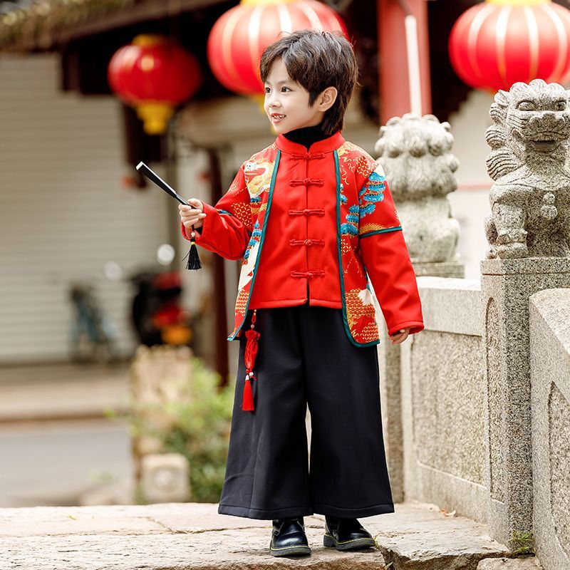 儿童汉服唐装新中式加绒男童演出服元旦表演女童兄妹宝宝拜年套装