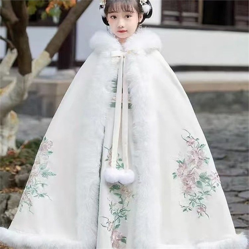 女童儿童冬款加绒加厚汉服安可拉红新中式防风古风拜年服保暖披风