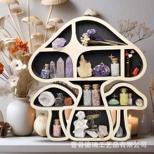 饰摆件木质墙壁挂饰 跨境实木水晶收纳架蘑菇造型多层置物架桌面装