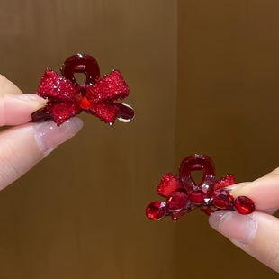 新年喜庆红色蝴蝶结闪钻小抓夹头饰女高级感过年侧边刘海碎发发夹