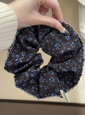 复古咖蓝色碎花大肠发圈女2026新款高级感丸子头发绳马尾扎头头绳