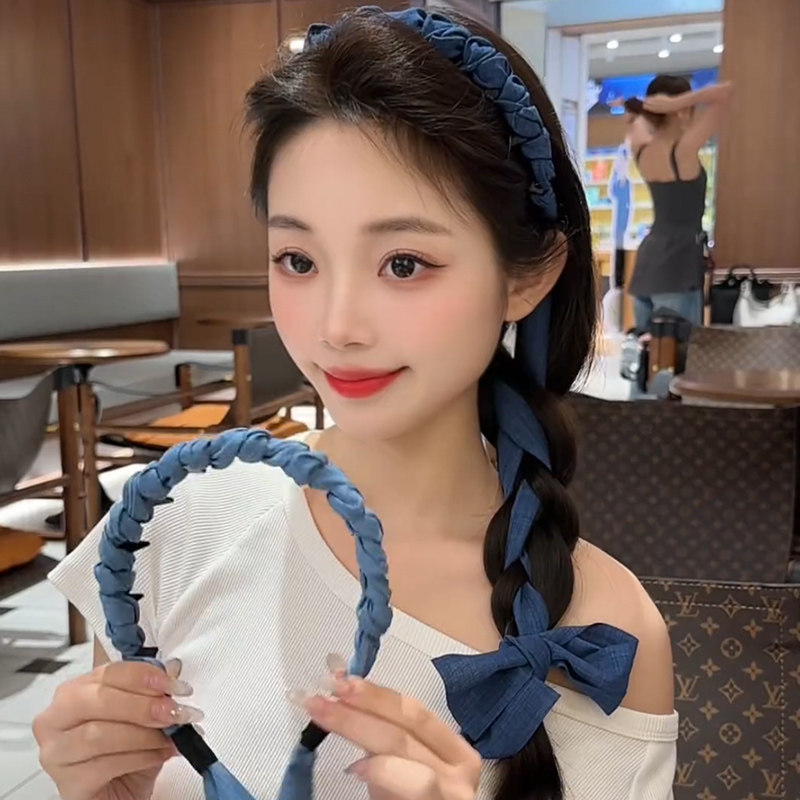 牛仔蓝飘带发箍女丝带编发一体显脸小头箍发捆麻花辫扭结日常外戴