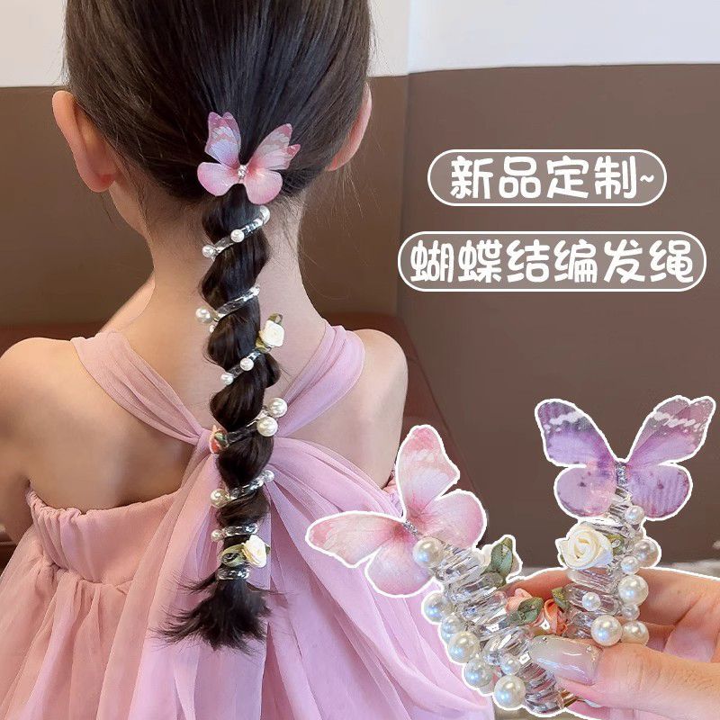 仙气薄纱蝴蝶珠珠玫瑰花透明电话线绕绕发圈麻花辫纹理马尾辫头绳
