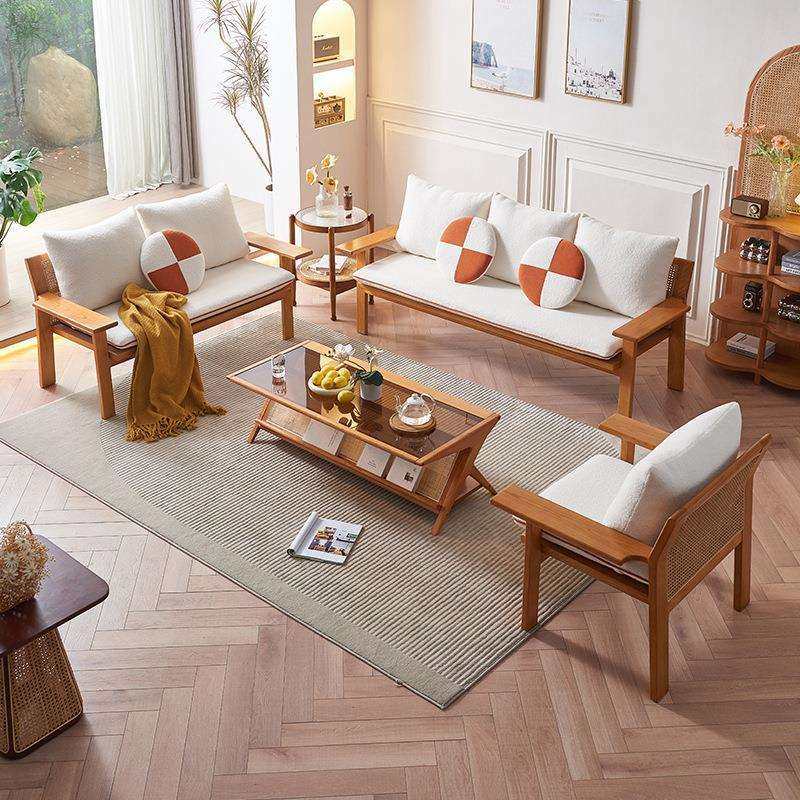 新中式实木沙发客厅冬夏两用简约白蜡木藤编沙发茶几组合酒店民宿