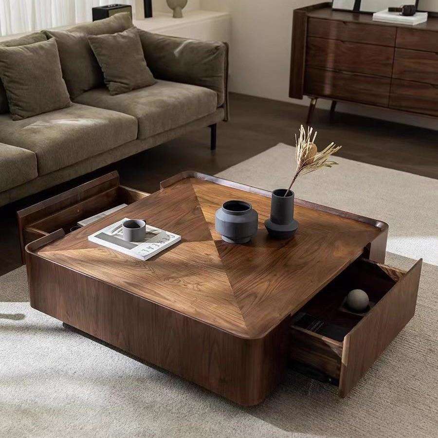 意式极简北美黑胡桃实木茶几方形收纳北欧家具现代简约小户型茶几