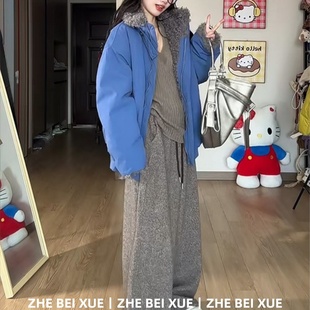 套装女韩系毛绒外套V领针织上衣宽松阔腿裤子独特漂亮冬装一整套