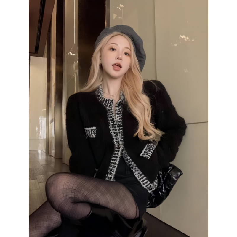 时髦气质黑色百搭小香风毛衣外套