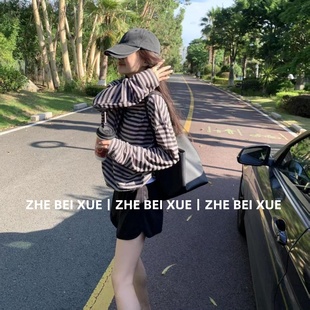 t恤松弛感寬松上衣休閑短褲 套裝 女夏季 chic高級韓系防曬條紋長袖