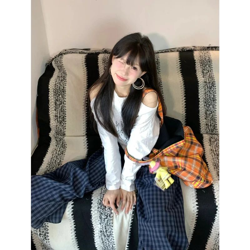 春季流行穿搭美式辣妹斜肩长袖t恤女设计感露肩上衣休闲长裤套装