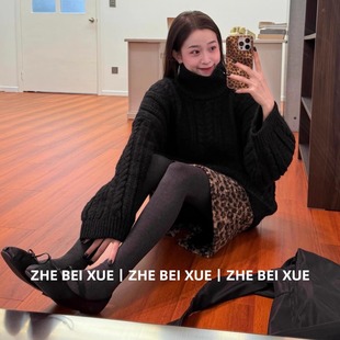 套装女韩系宽松显瘦高领麻花针织毛衣豹纹半裙巨好看的两件套冬装