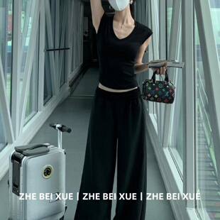 女夏季 巨好看夏装 气质V领短袖 显瘦上衣阔腿长裤 一整套 T恤修身 套装