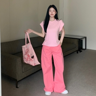 搭配一整套女款 减龄宽松休闲百搭短袖 夏装 韩版 T恤高腰阔腿裤 套装