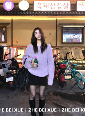 设计感针织衫女秋冬新款紫色露肩一字领长袖上衣复古时尚百搭毛衣