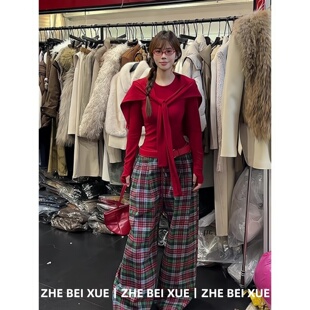 套装女慵懒风披肩修身长袖上衣格子休闲阔腿裤独特漂亮冬装一整套
