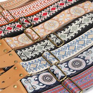 电吉他背带高颜值新款真皮皮头提花刺绣男女古典贝斯民谣肩带斜跨