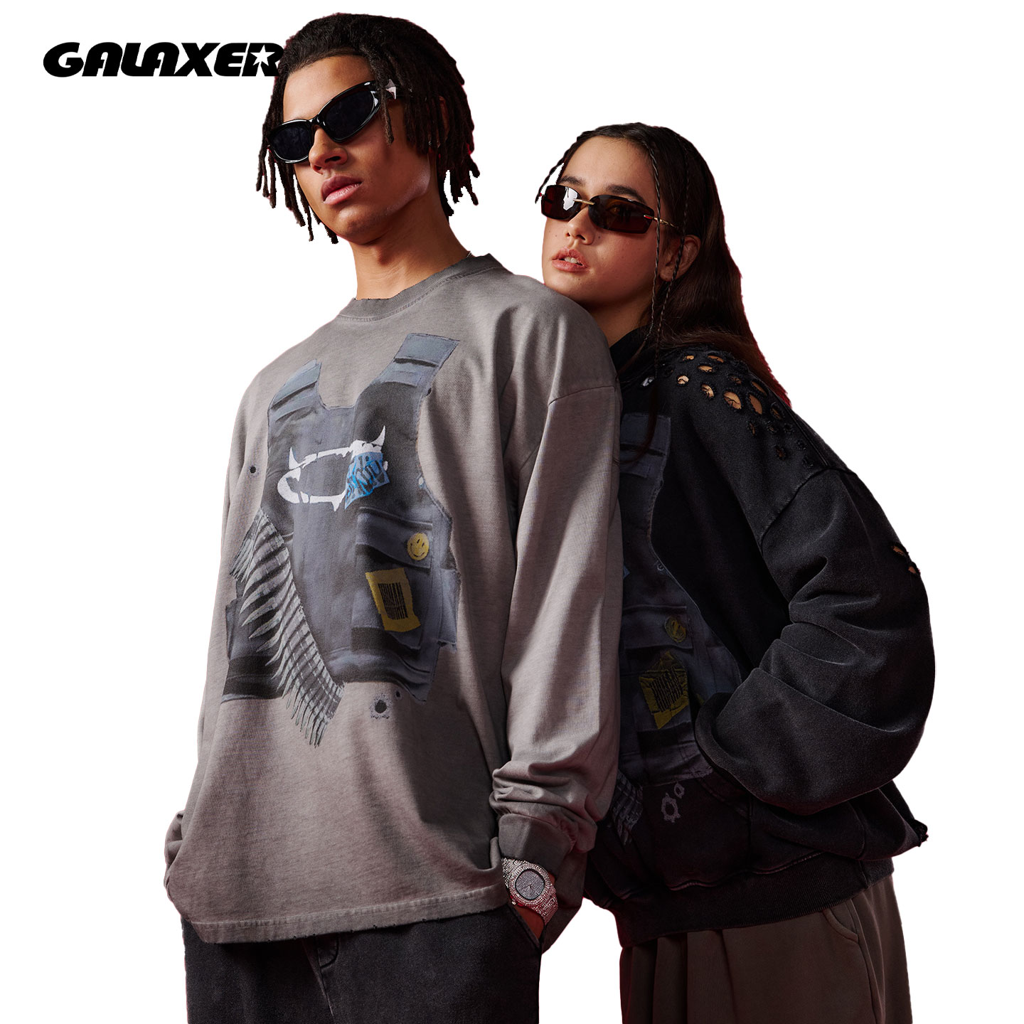 Galaxer2025春秋美式潮牌复古做旧磨边纯棉上衣男宽松长袖圆领t恤