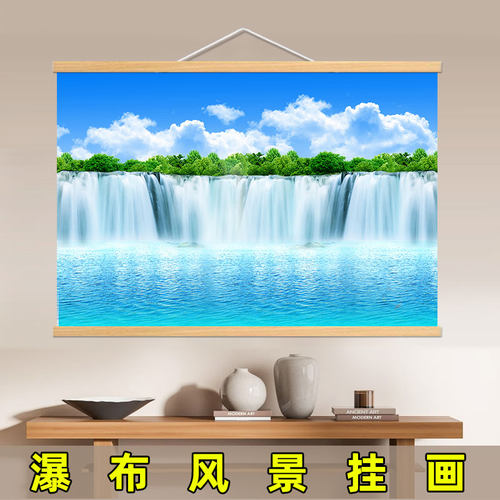 山水大瀑布入户玄关装饰画简约走廊过道客厅中堂流水招财风水挂画