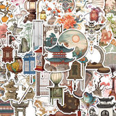 50张古风怀旧小物件贴纸复古创意建筑小件国风装 饰DIY防水贴画