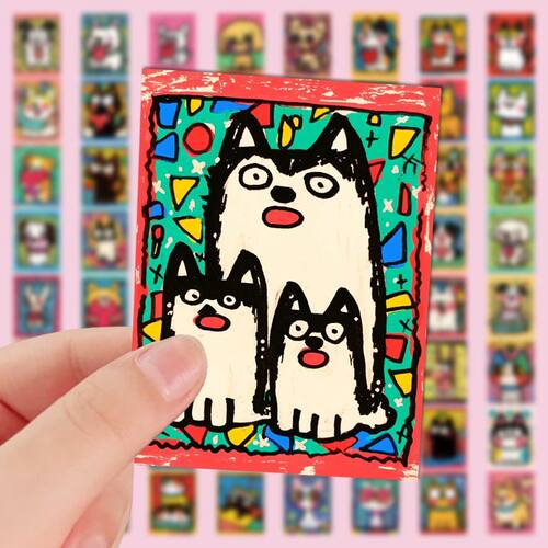 张彩绘猫咪狗狗插画贴纸