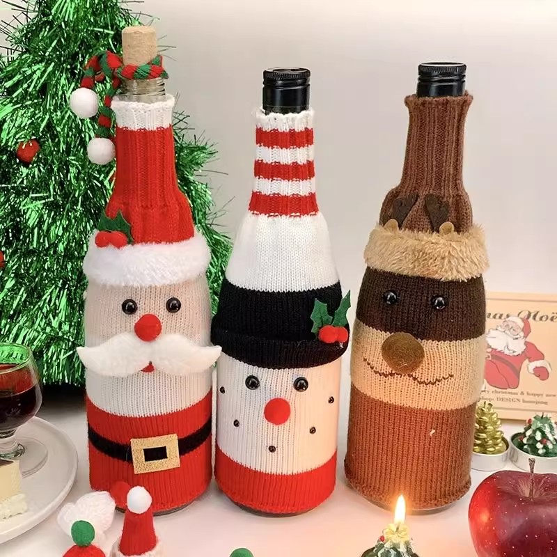 圣诞装饰红酒酒瓶套卡通针织老人香槟雪人圣诞节餐厅氛围布置装扮