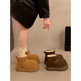 AUMU保暖厚底雪地靴女款冬季户外休闲加绒加厚大头短靴子东北棉鞋