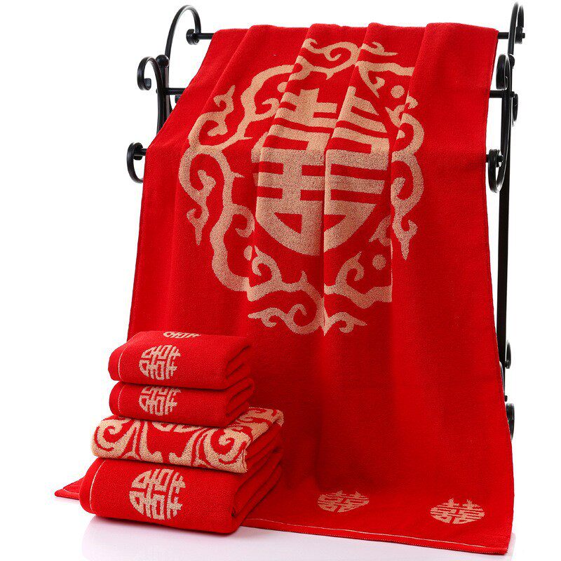 结婚礼品回礼婚庆陪嫁大红色浴巾喜庆提花中国结毛巾70*140