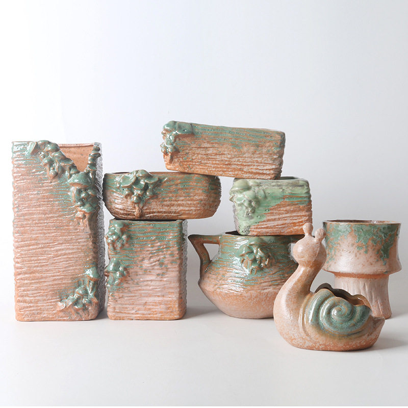 复古陶瓷陶罐法师花盆花器花瓶摆件花艺老桩动物盆磨砂瓷都德化盆