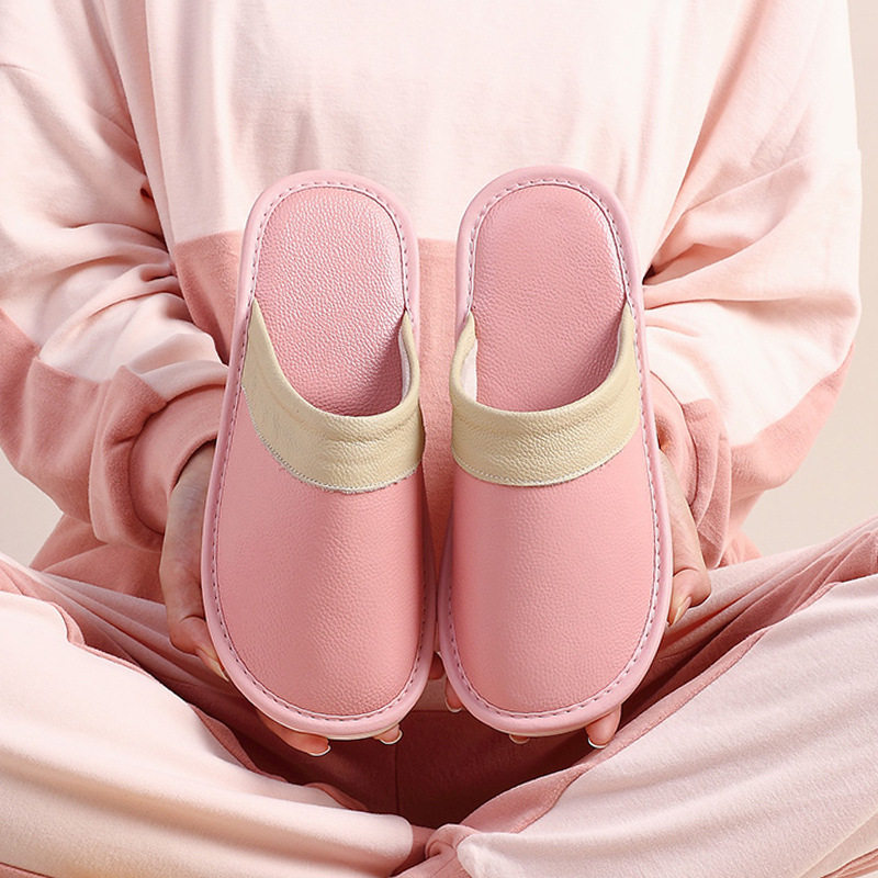 新款 海宁真皮包头皮面拖鞋女家居家用春秋季室内牛皮防滑棉拖鞋