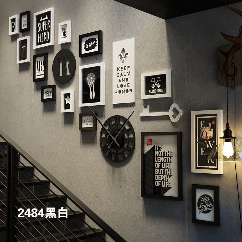 高分子_2484楼梯照片墙创意相框挂墙组合挂画工业风装饰画图片