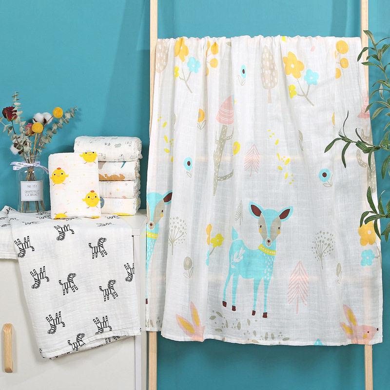 新款 纱布浴巾卡通盖毯婴幼儿童抱被印花包巾襁褓巾双层新生儿纯
