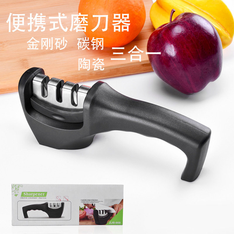 手动三槽磨刀器快速磨刀石金刚石磨刀棒锋利磨刀knife sharpener